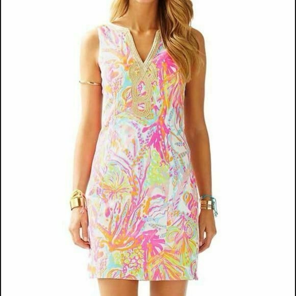 Lilly Pulitzer Dresses & Skirts - Lilly Pulitzer Janice Scuba To Cuba 6 Shift Dress - Gold Soutache, Fish, Grail